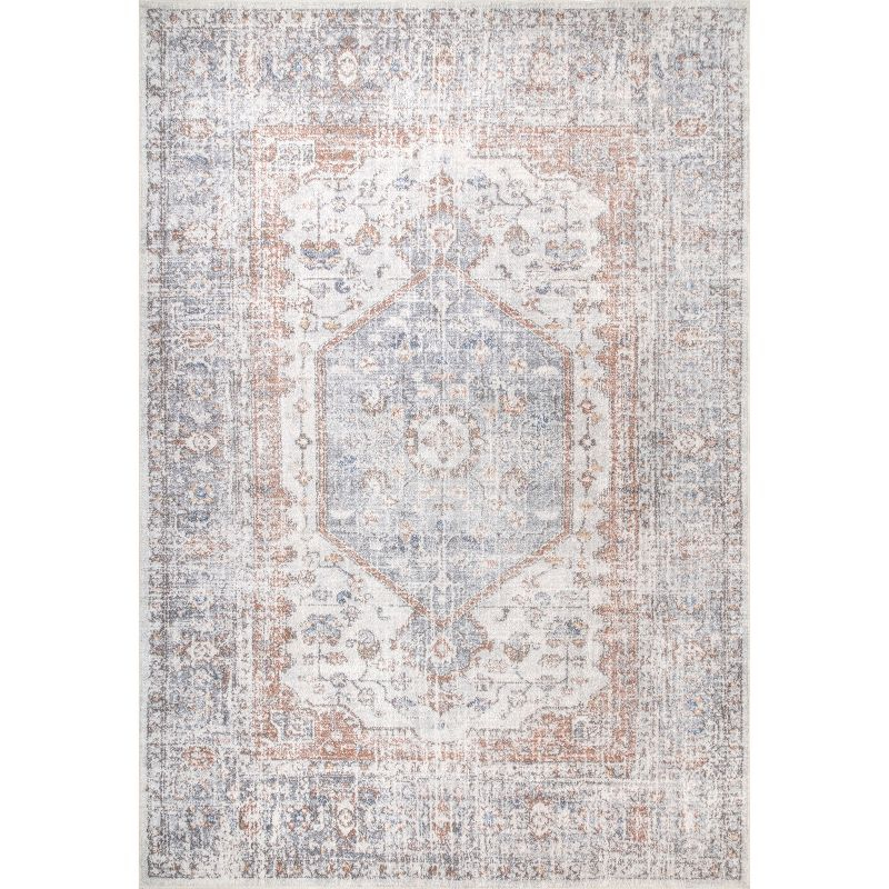 Nuloom 8x10 Machine Washable Rain Haven Vintage Medallion Indoor Area Rug, Light Grey Non-Slip Backing, Stain Resistant,  BedroomLiving Room, Kitchen
