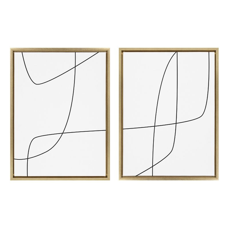 Kate and Laurel Sylvie Modern Line Abstract 3 and 4 Black and White Framed Canvas by The Creative Bunch Studio, 2 Piece 18x24, Bright Gold