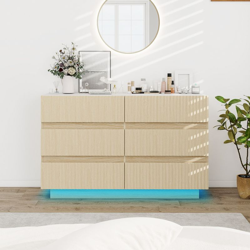 47.24 Inch  6 Drawer Dresser, Double Drawer Chest, Modern Drawer Chest With Led, Drawer Organizer Beige
