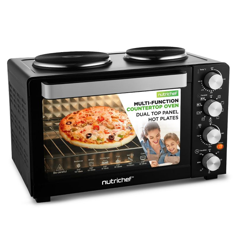 NutriChef 30+ Quart Countertop Convection Oven Cooker - 1500W Heating, Rotisserie, Dual Hot Plates, 120V - Black