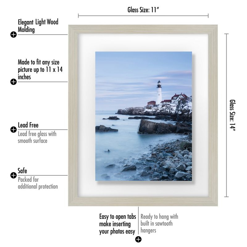 Americanflat 11x14 Floating Frame in Light WOOD with Polished Glass and Hanging Hardware Included - Also Use 8x10 or 5x7 Photos for Floating Effect