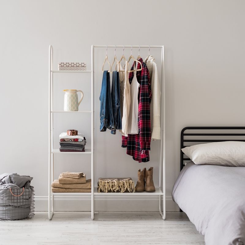 IRIS USA Clothes Rack with 4 Metal Shelves, Freestanding for Hanging Clothes, White