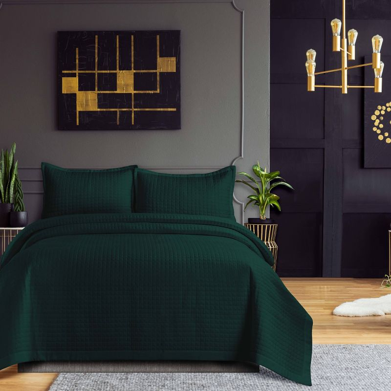 Twin Naples Microfiber Quilt Set Teal - Tribeca Living: Includes 1 Sham, Box Quilting Design, All Ages
