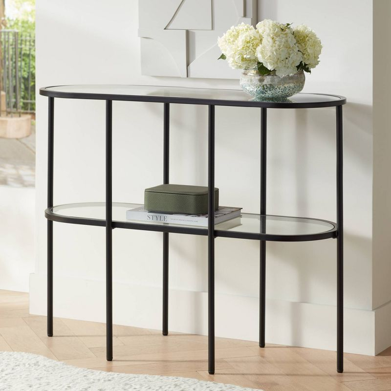 Studio 55D Remy Modern Metal Oval 2-Tier Console Table 40" x 15" with Storage Sandy Black Clear Glass Tabletop for Living Room