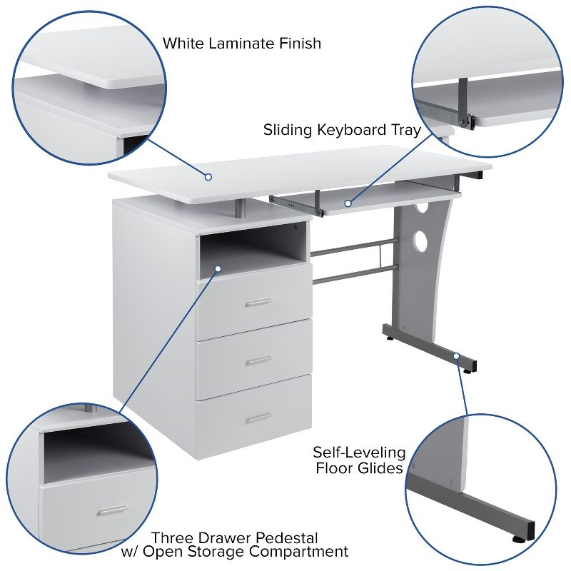 Flash Furniture White Desk with Three Drawer Pedestal and Pull-Out Keyboard Tray