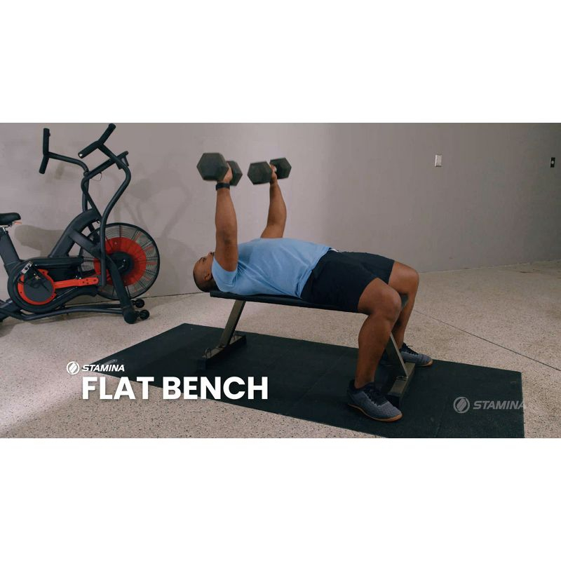 Stamina Adjustable Steel Weights Bench and Barbell Rack Combo Set with Resistance Band Anchor Points for Home Gym Workout or Exercise Equipment, Black