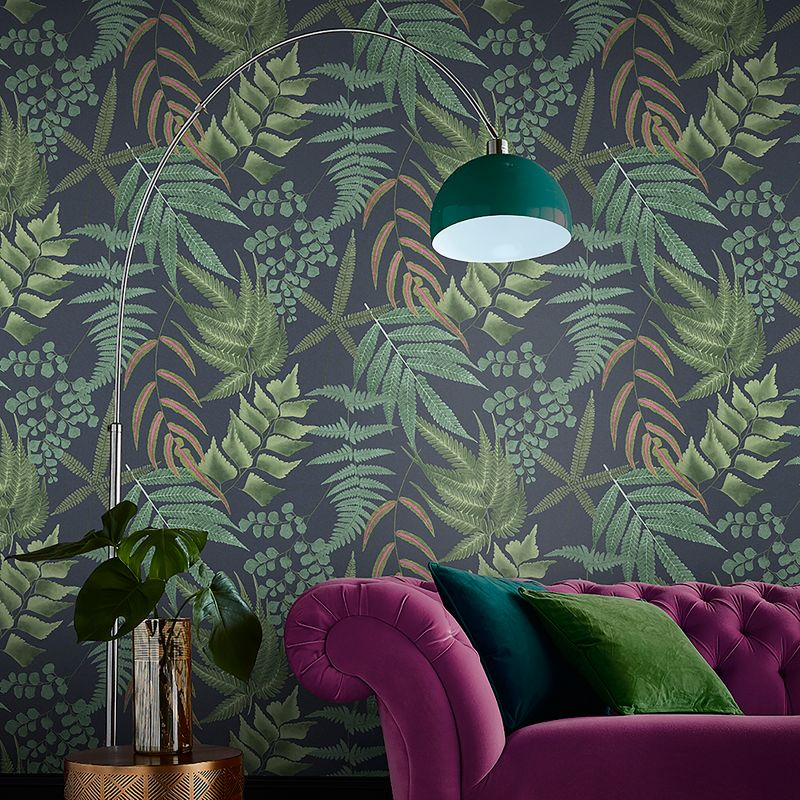 Midsummer Fern Navy Blue and Green Tropical Leaves Paste the Wall Wallpaper