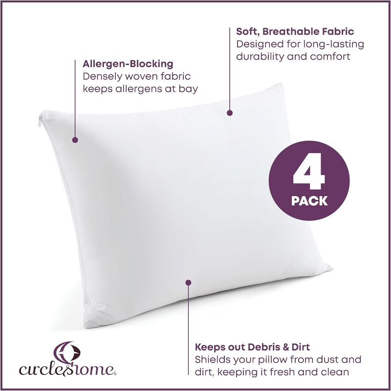 Circles Home 100% Cotton Breathable King Pillow Protector with Zipper – (4 pack)