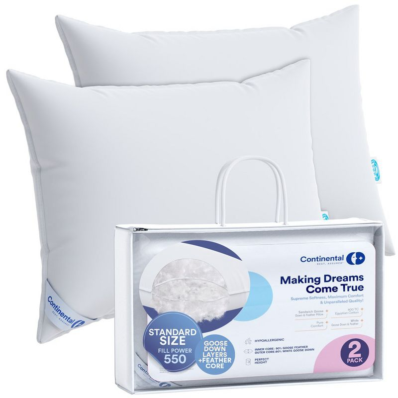 Continental Bedding White Goose Down and Feather Layered Pillow, Standard Size, Set of 2