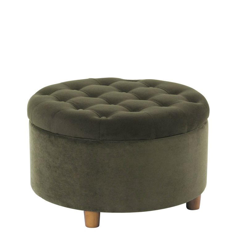 Tufted Round Storage Ottoman Loden Green Velvet - HomePop: Velvet Footstool, Honey Oak Legs, 250lb Capacity