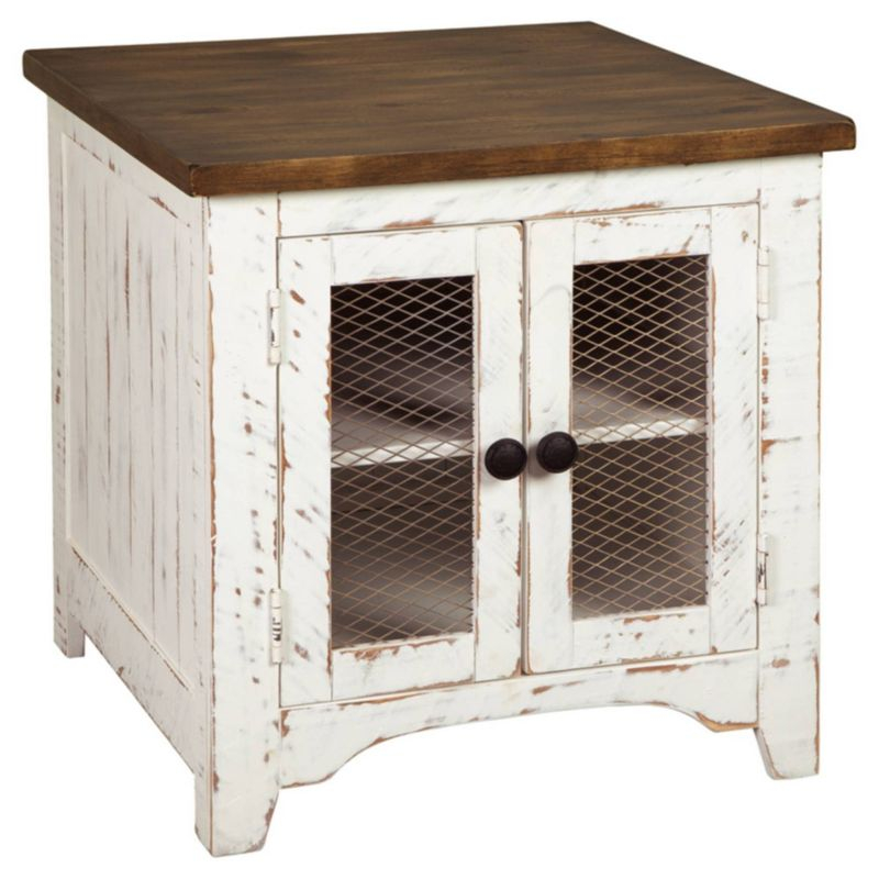 Wystfield End Table White/Brown - Signature Design by Ashley: Modern Style with Storage, Wood Legs & Double Doors