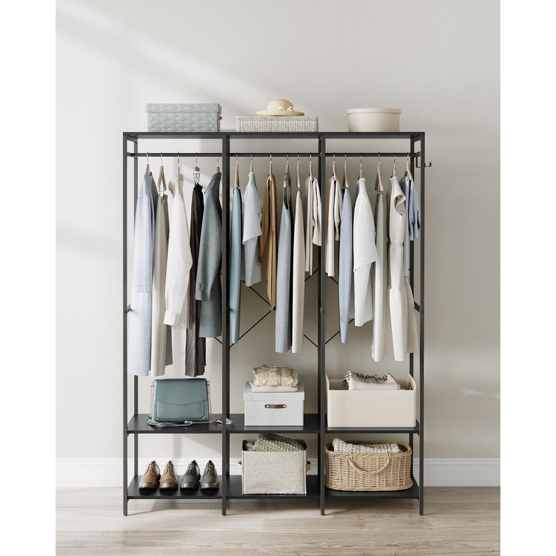SONGMICS Clothes Rack, Iron and Wood Wardrobe Closet Organizer, Heavy Duty Garment Rack with Hanging Rods, Ebony Black