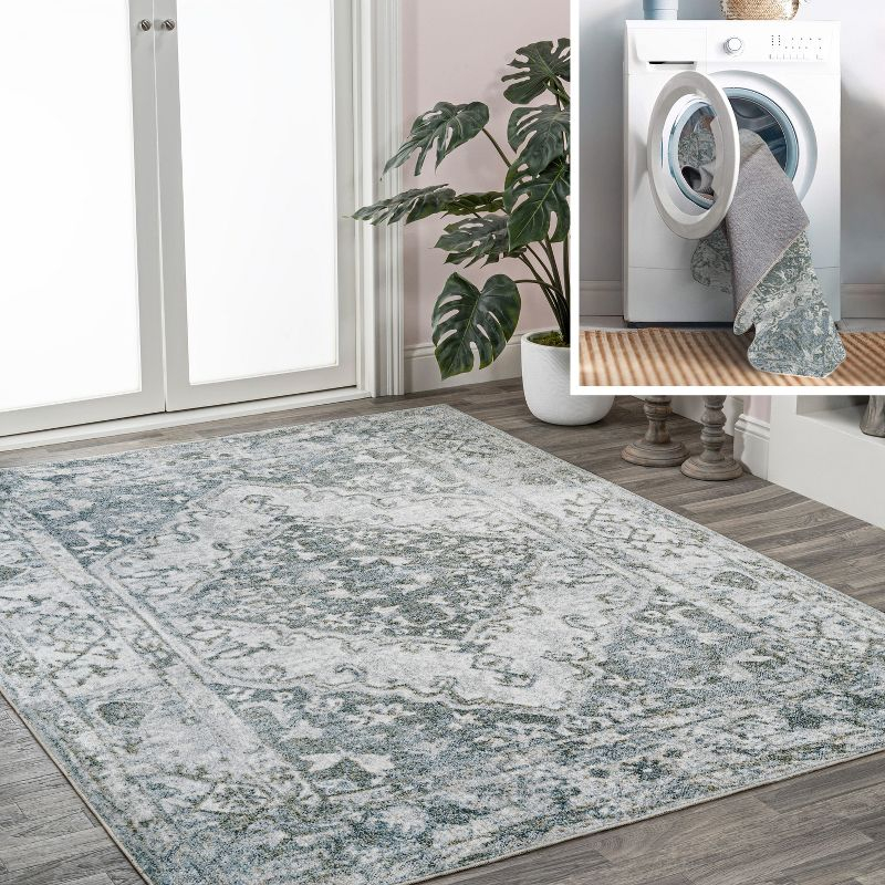 JONATHAN Y Pavel Distressed Medallion Low-Pile Machine-Washable Light Gray/Blue 5 ft. x 8 ft. Area Rug