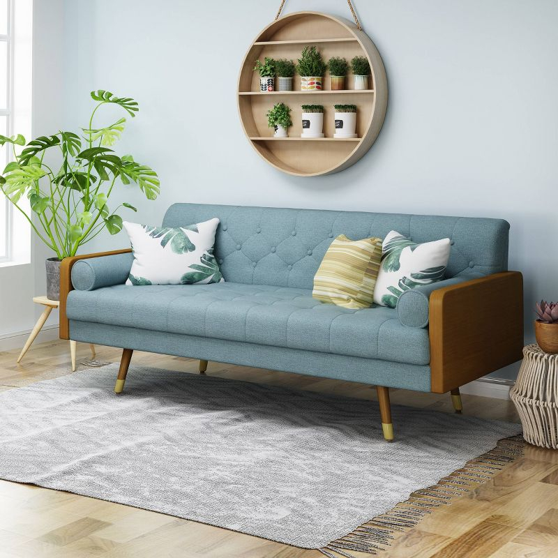 GDFStudio Aidan Mid Century Modern 72.25" Tufted Upholstered 3 Seater Sofa，Blue/Dark Walnut/Gold