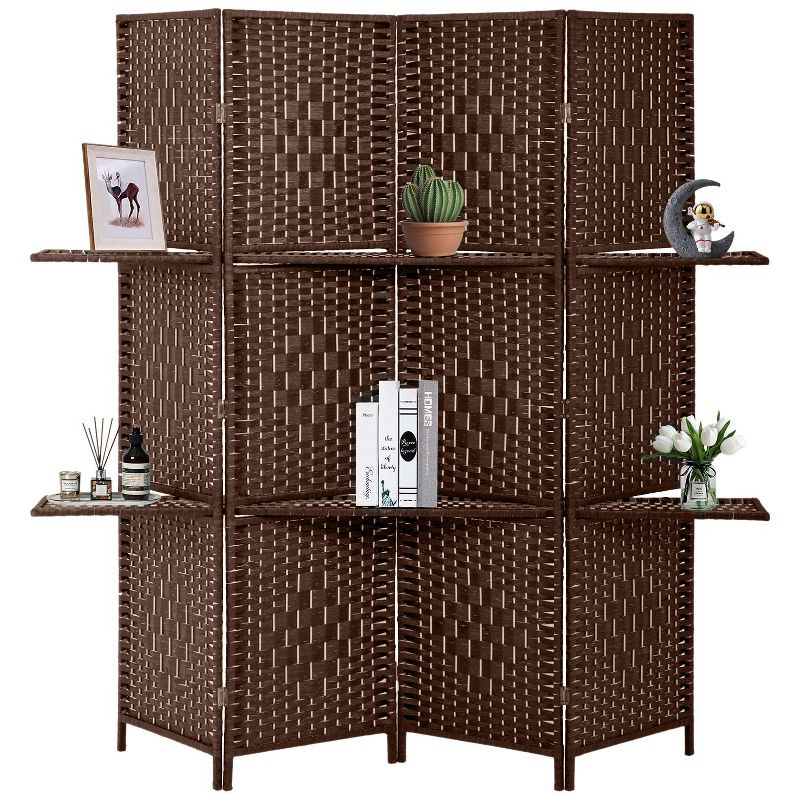 FDW Versatile 4 Panel Folding Room Divider Screen Divider Wooden Screen Folding Portable Partition with Built-in Shelves Stylish, Brown
