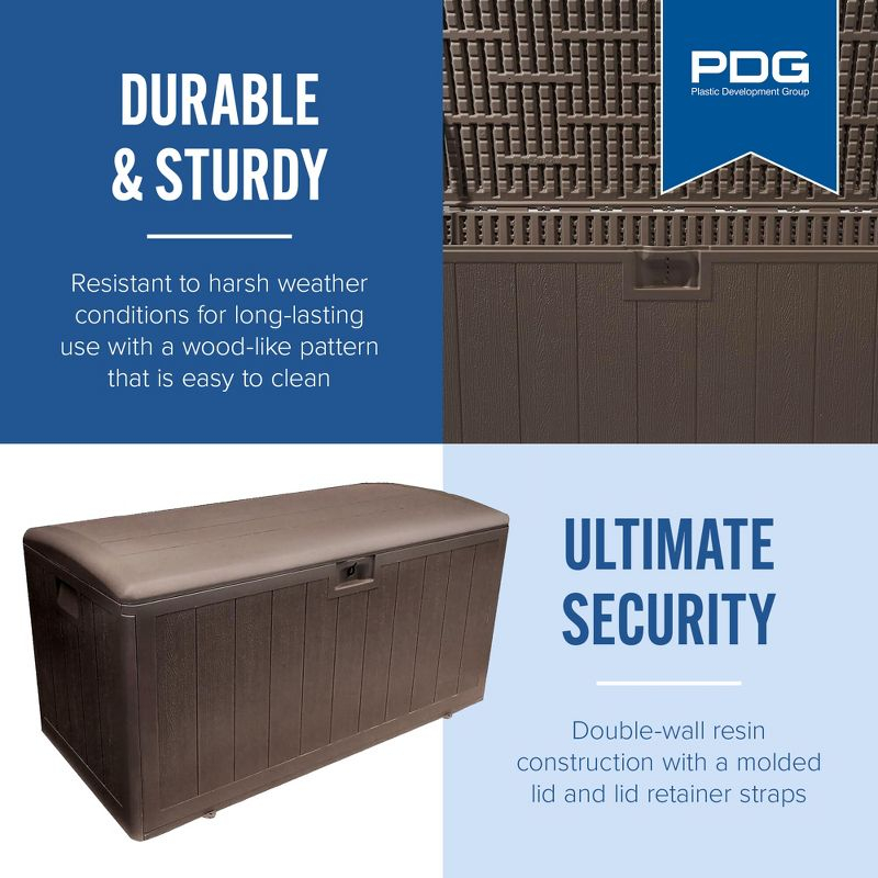 Plastic Development Group 105-Gallon Weather-Resistant Plastic Resin Outdoor Patio Storage Deck Box with Soft-Close Lid, Java Brown
