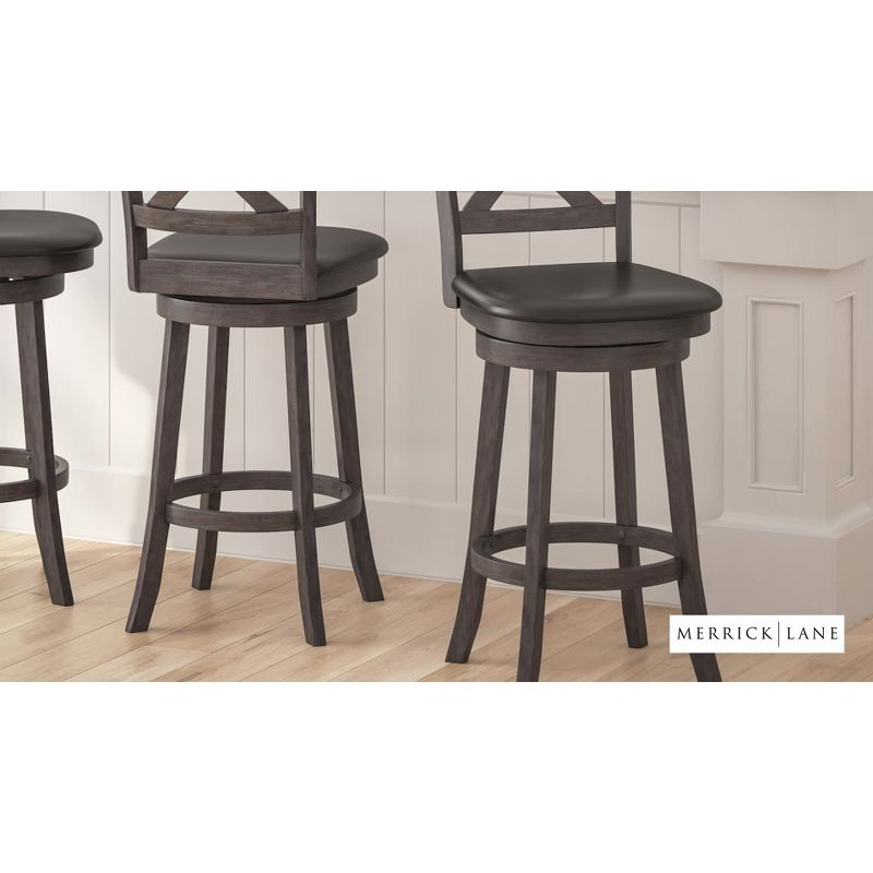 Merrick Lane 30" Gray Wash Walnut Classic Wooden Crossback Swivel Bar Height Pub Stool with Black Faux Leather Padded Seat and Integrated Footrest