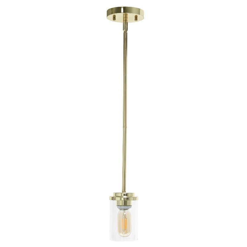1-Light 5.75" Minimalist Industrial Farmhouse Adjustable Hanging Clear Cylinder Glass Pendant Gold - Lalia Home: UL Listed, Metal Body