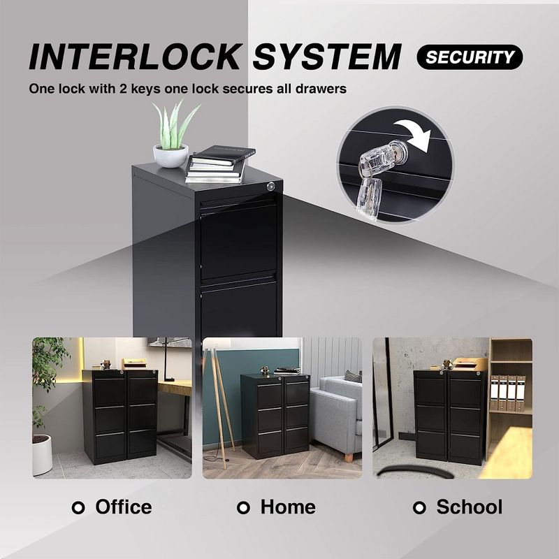 AOBABO 3 Drawer Vertical Steel File Organizer Filing Cabinet with Locking System and Adjustable Hanging Bars for Home and Office Organization, Black