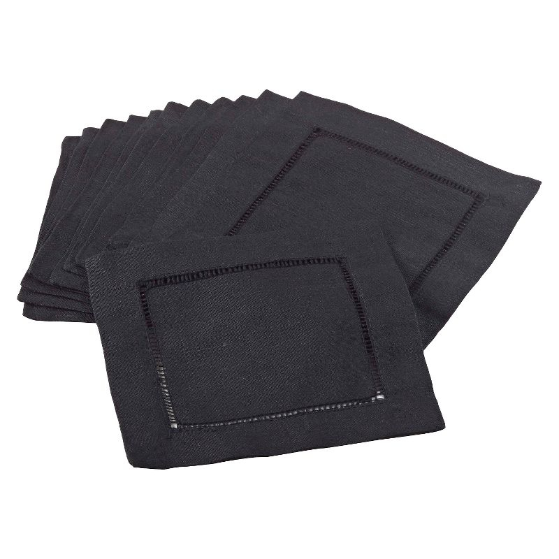 Hemstitched Cocktail Napkins Black (Set of 12): Saro Lifestyle, Machine Washable, Linen & Cotton Blend, Plain Weave