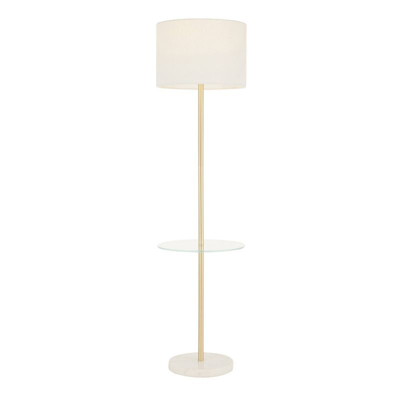 LumiSource Chloe Contemporary Shelf Floor Lamp with Marble Base Shelf and Linen Shade White (Includes LED Light Bulb) : Gold Neck, Round Glass Table