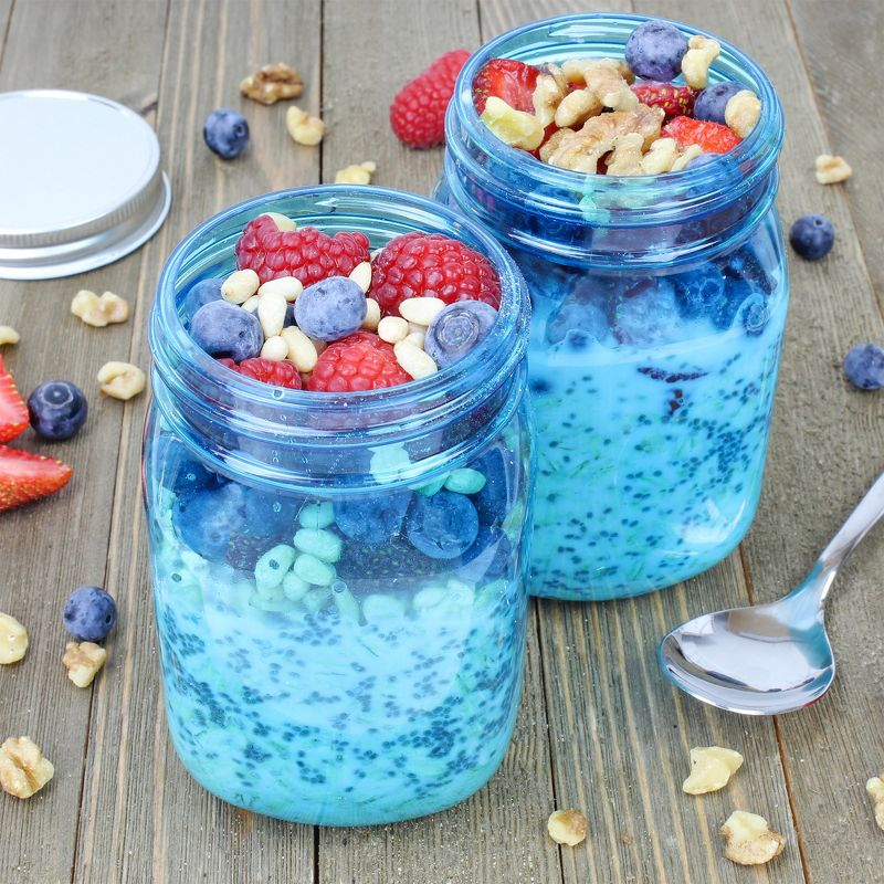 Cornucopia Brands 16oz Plastic Mason Jars 8pk, Blue/Silver; Mason Jar Style w/ Metal Lids, Pint Size, Compatible w/ Regular Mason Jar Lids