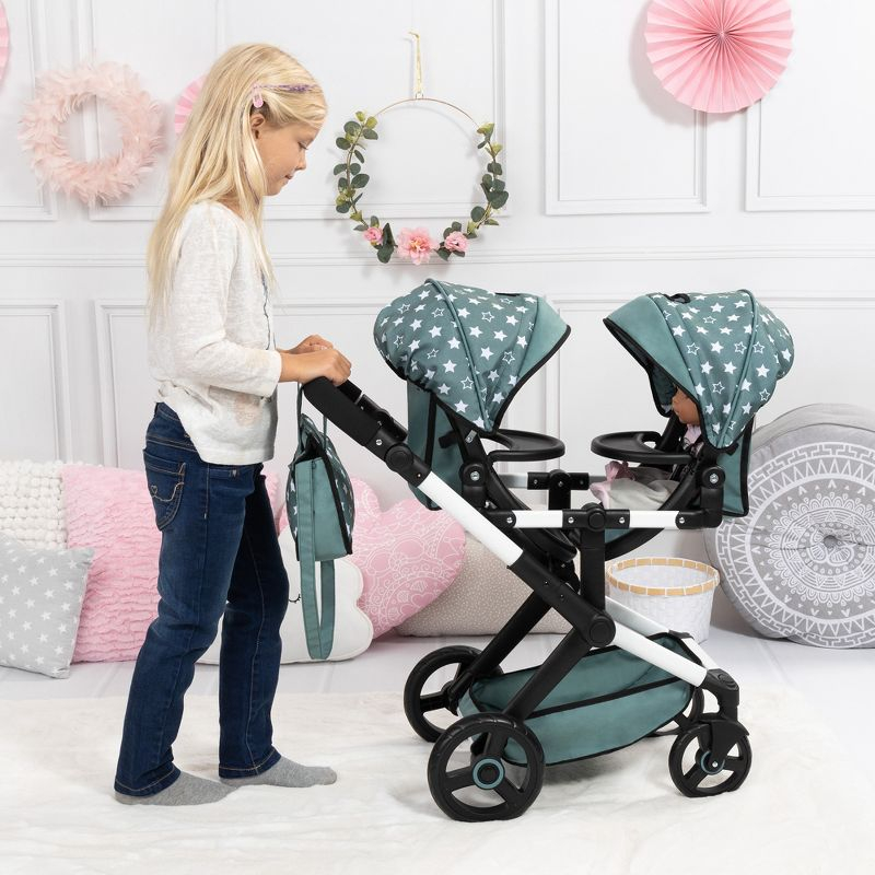 Bayer Design Dolls: Pram Xeo Twin W/ Shoulder Bag, Green & White Stars