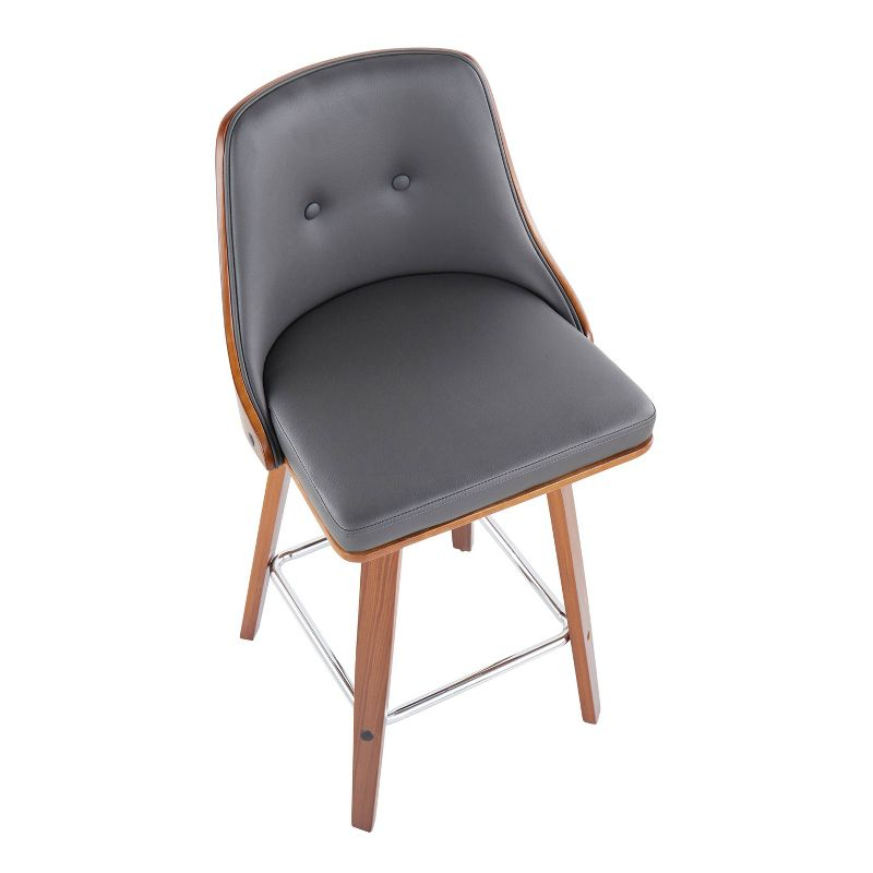 LumiSource Set of 2 Gianna Counter Height Barstools Walnut/Gray: Mid-Century Modern, Swivel, Faux Leather Upholstery