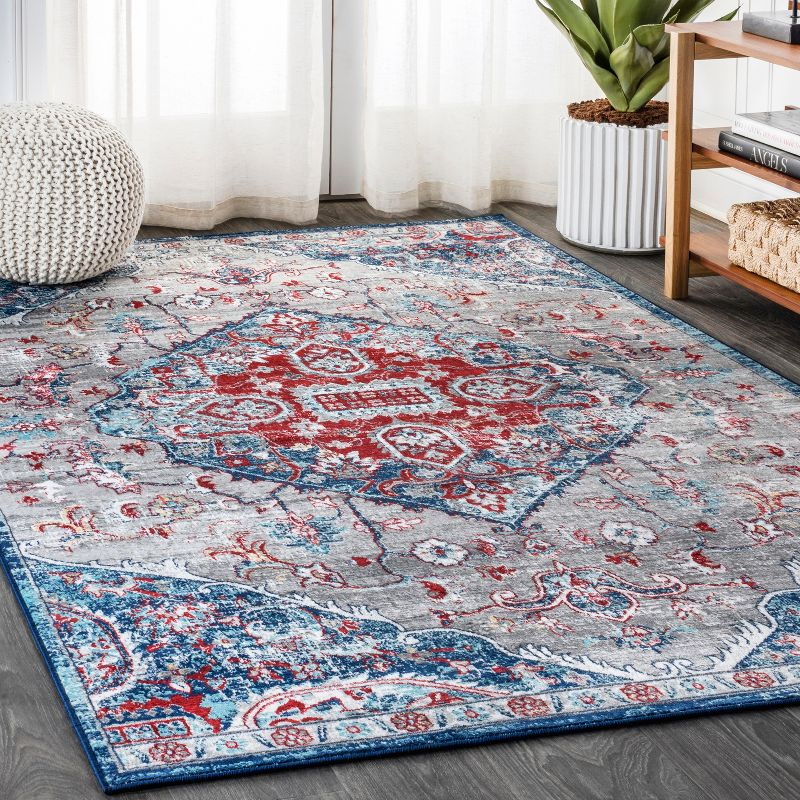 5'x8' Modern Persian Vintage Medallion Area Rug, Red/Navy - JONATHAN Y