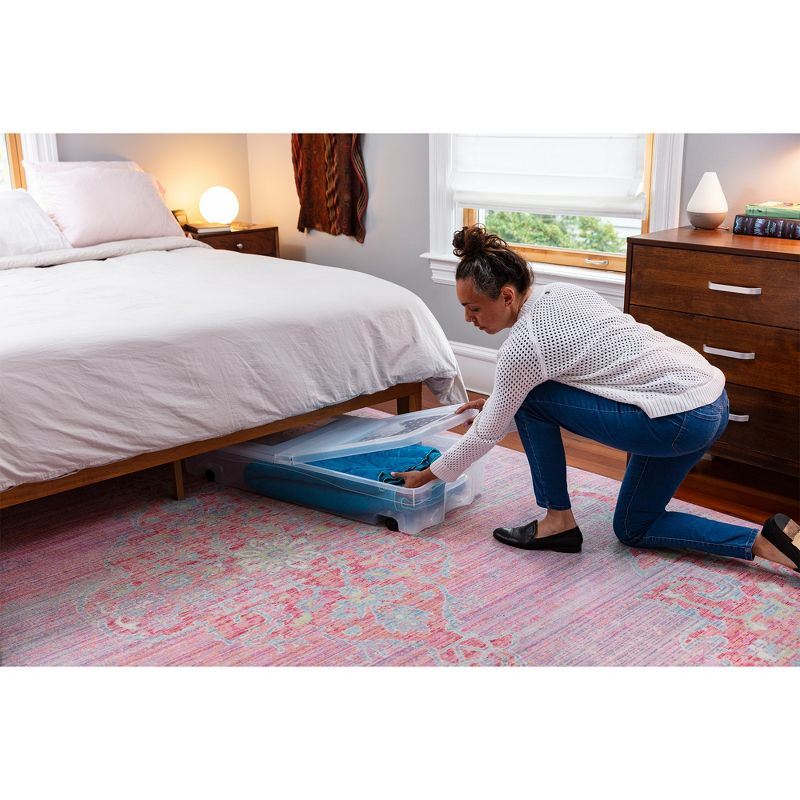 Rubbermaid 68 Quart Under the Bed Low Profile Storage Boxes with Dual Hinged Lids and Easy Rolling Caster Wheels, Clear, 2 Pack