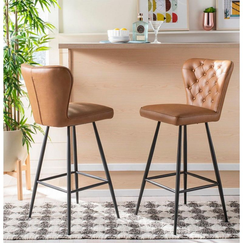 Aster 30"H Mid-Century Modern Leather Tufted Bar Stool (Set of 2) - FOX1703 - Camel - Safavieh Couture