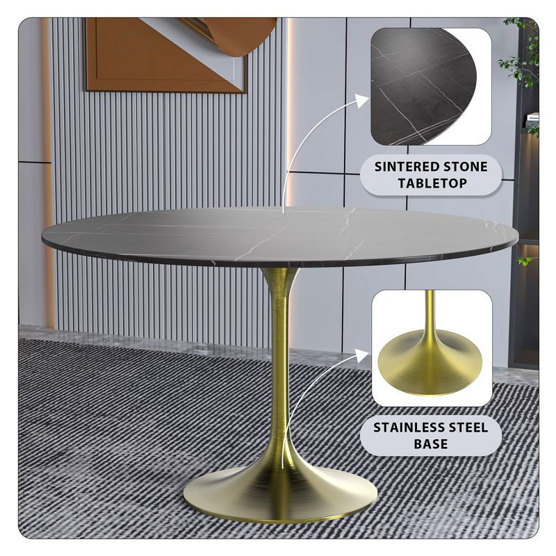 LeisureMod Verve 48" Round Dining Table, Modern Stone Top Dining Table with Brushed Gold Stainless Steel Pedestal Table Base in Black