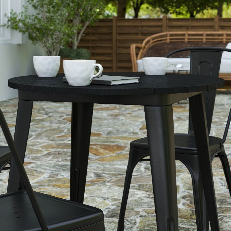 Merrick Lane Indoor/Outdoor Dining Table, 30" Round All Weather Black Poly Resin Top with Black Steel Base
