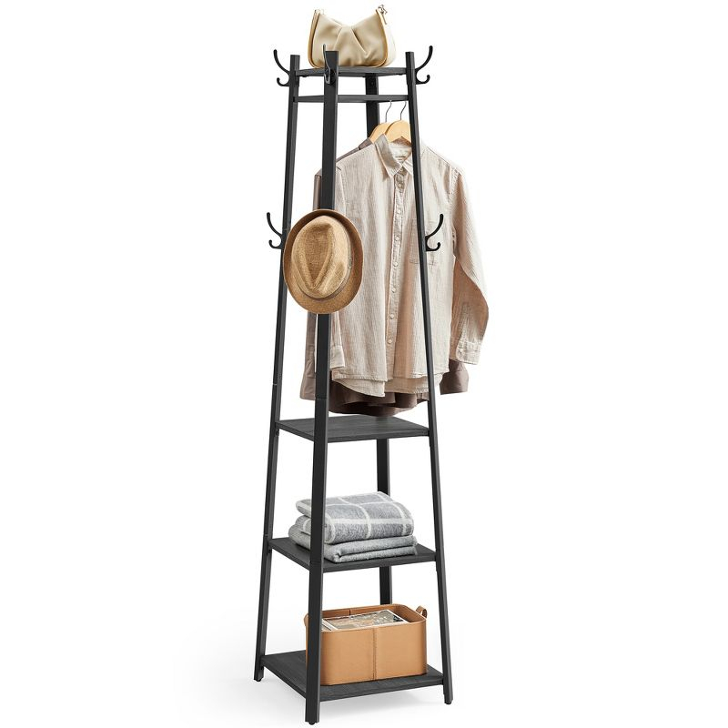 Industrial Style Coat Rack with Shelves and Hooks - Free-Standing Hall Tree for Entryway and Living Room