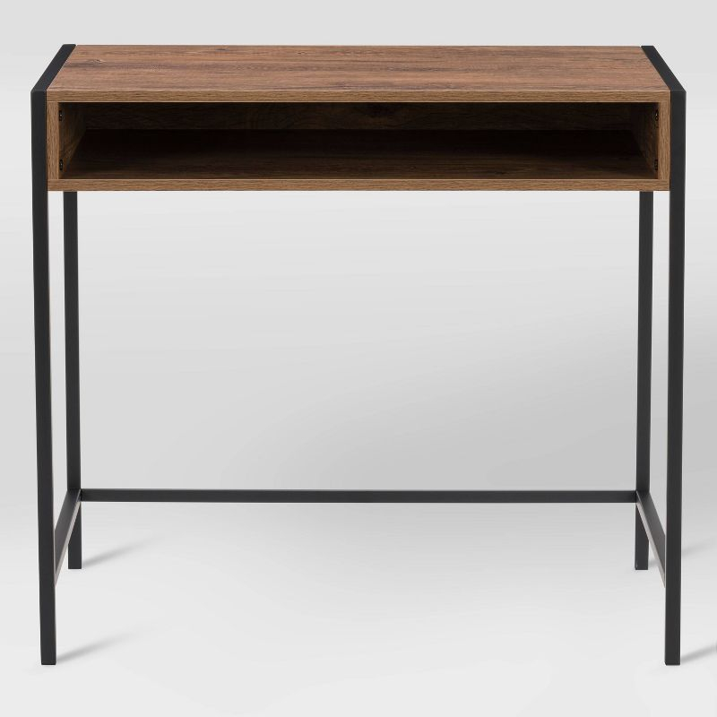 CorLiving Auston Wood Grain Desk Brown: 34" Modern Laminated Office, Open Storage Shelf