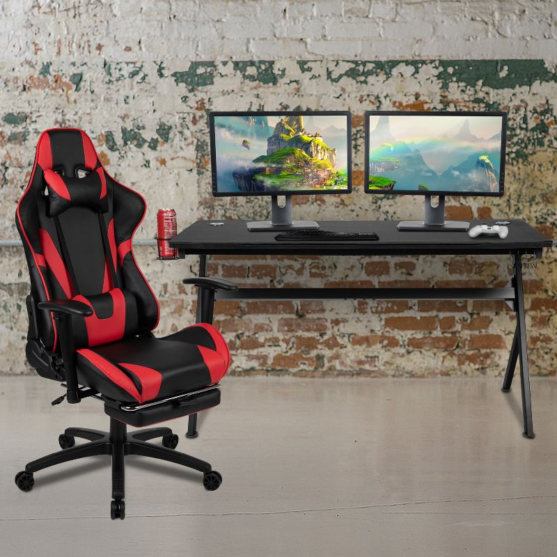 Flash Furniture Gaming Desk and Red Footrest Reclining Gaming Chair Set - Cup Holder/Headphone Hook/Removable Mouse Pad Top/Wire Management