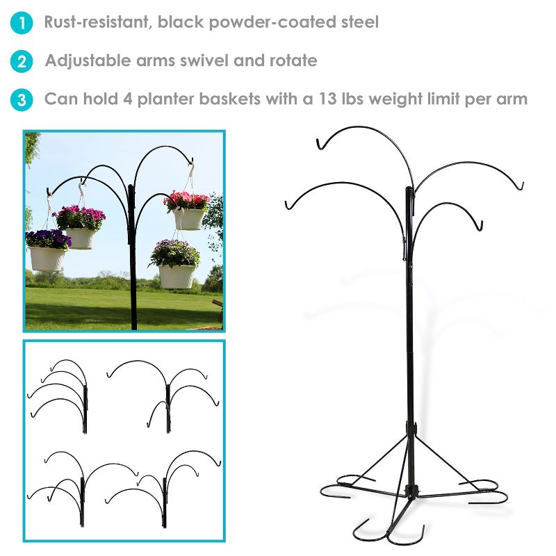 Sunnydaze 4-Arm Garden Hanging Basket Flower Plant Stand with Adjustable Arms - 84" - Black