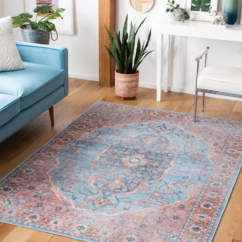 Serapi SEP540 Power Loomed Machine Washable Skid-Resistant Indoor Accent Rug - Blue/Orange - 4'x6' - Safavieh