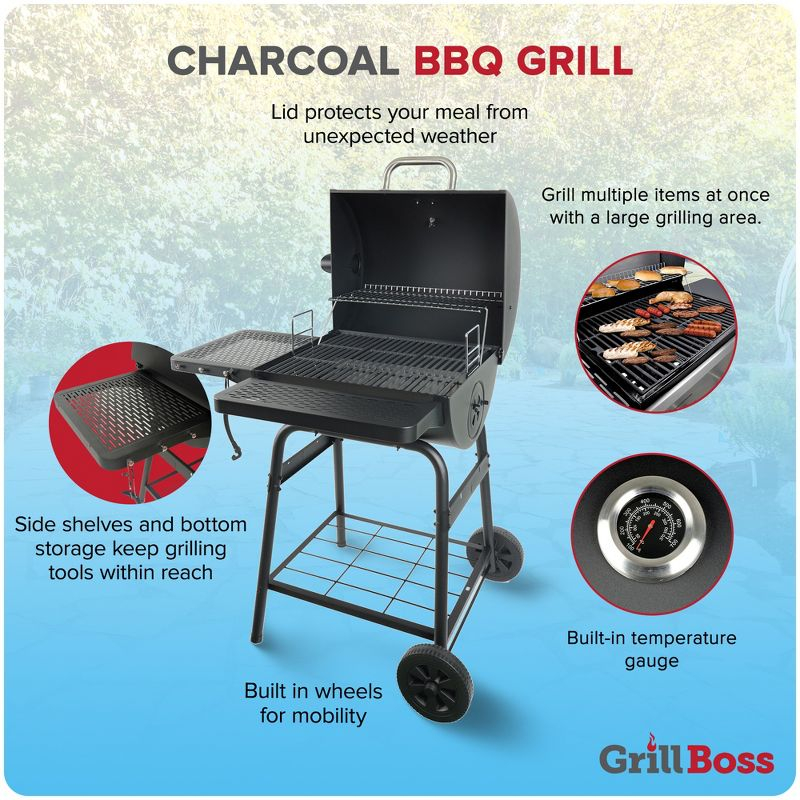 Grill Boss 23 Inch Barrel Charcoal Grill with Adjustable Grate, Large Cooking Area, Built In Temperature Gauge, and Durable Cast Iron Grates, Black