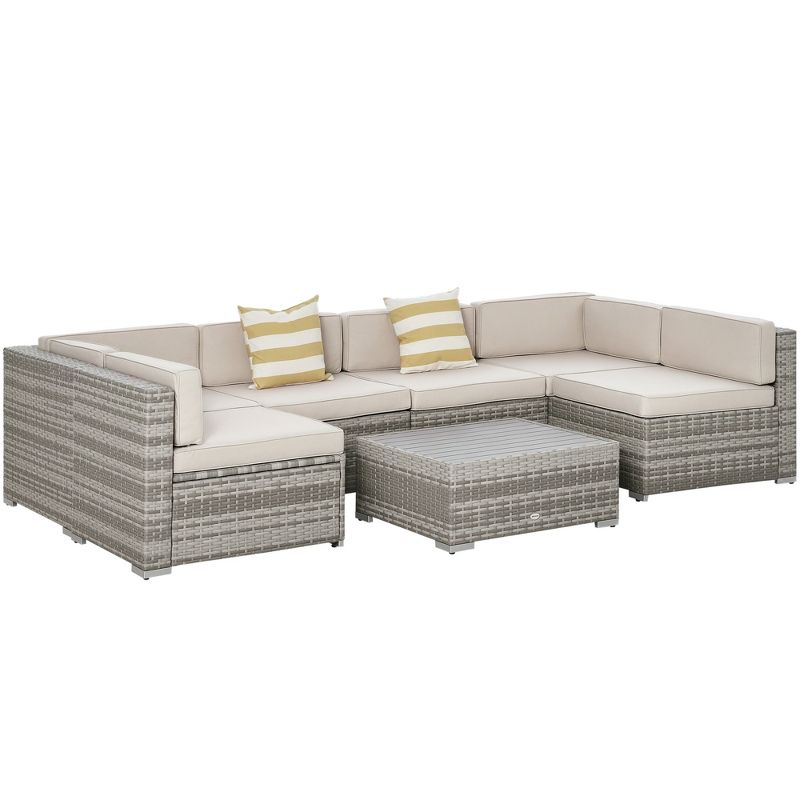 Outsunny 7-Piece Patio Furniture Set, Outdoor Wicker Conversation Set, All Weather PE Rattan Sectional Sofa w/ Faux Wood Table, Stripe Pillows, Beige