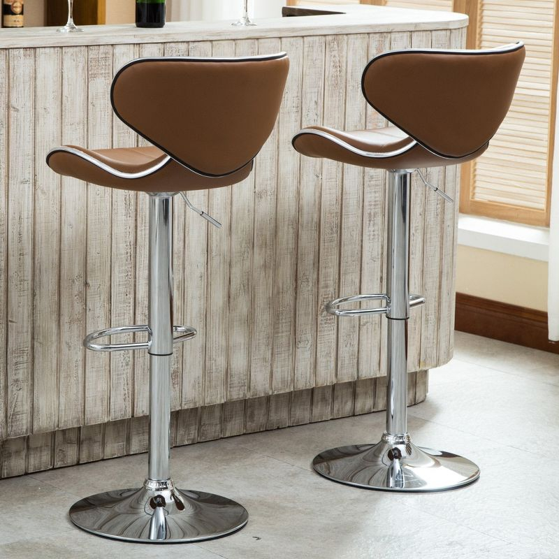 Roundhill Furniture Masaccio Cushioned Leatherette Upholstery Airlift Adjustable Swivel Barstool with Chrome Base, Caramel, Set of 2
