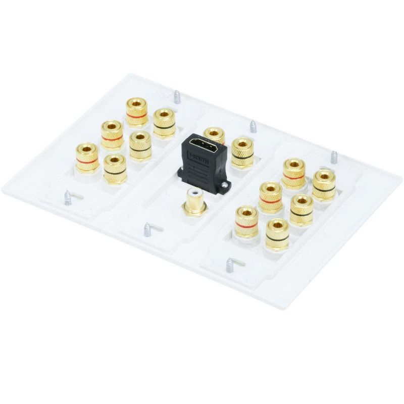 Monoprice 3-Gang 7.1 Surround Sound Distribution Wall Plate - White - With HDMI, For Home Theater, Speaker Wire And More