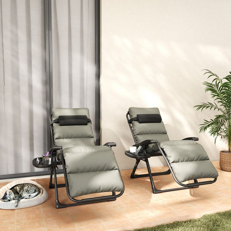 Outsunny Zero Gravity Lounge Chair Set of 2 Reclining Folding Outdoor Lounge Chairs with Cushion, Headrest, and Side Tray for Patio, Beach, Gray