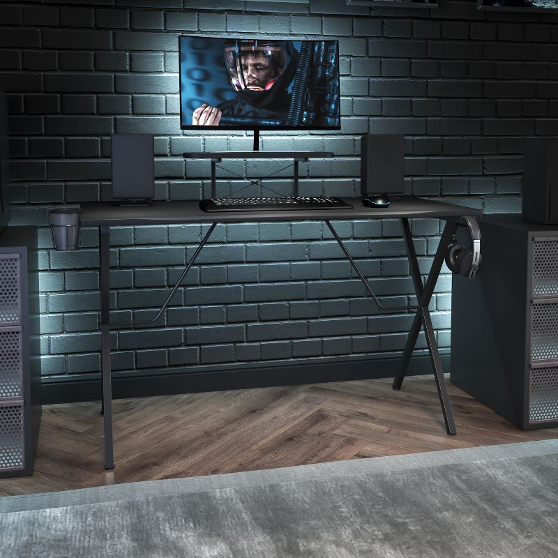 Flash Furniture Black Gaming Desk with Cup Holder, Headphone Hook, and Monitor/Smartphone Stand