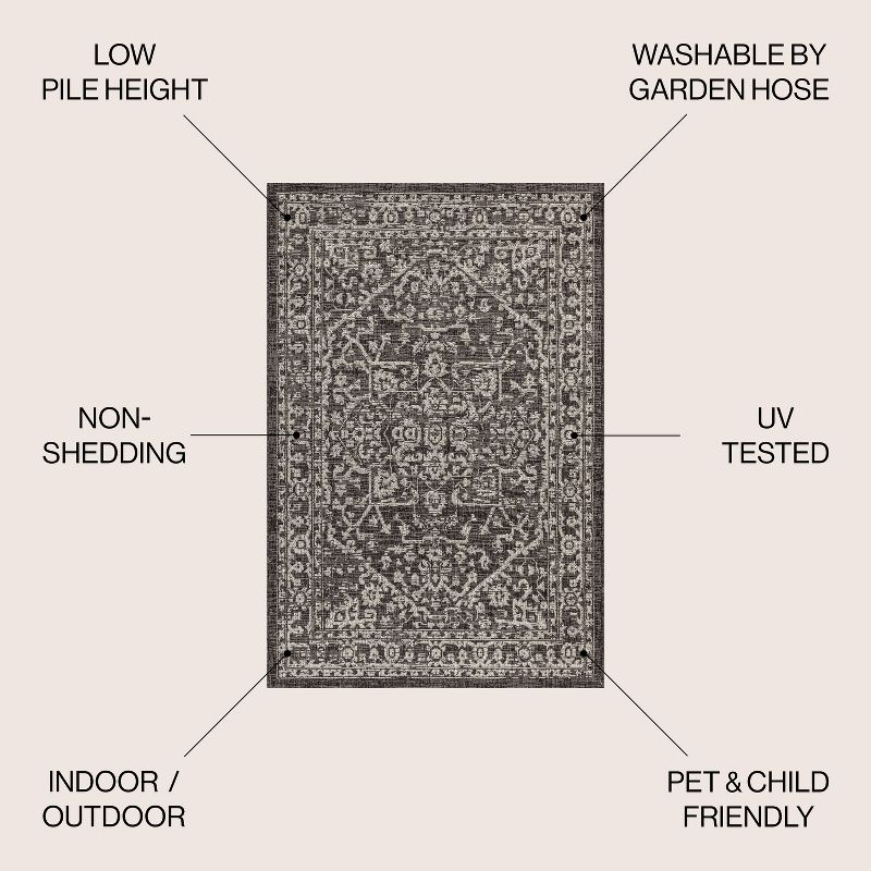 4'x6' Malta Bohemian Medallion Textured Weave Indoor/Outdoor Area Rug, Black/Gray - JONATHAN Y