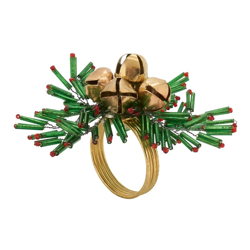 Saro Lifestyle Holiday Napkin Rings With Beaded Snowflake and Bells Design (Set of 4), Green, 4"