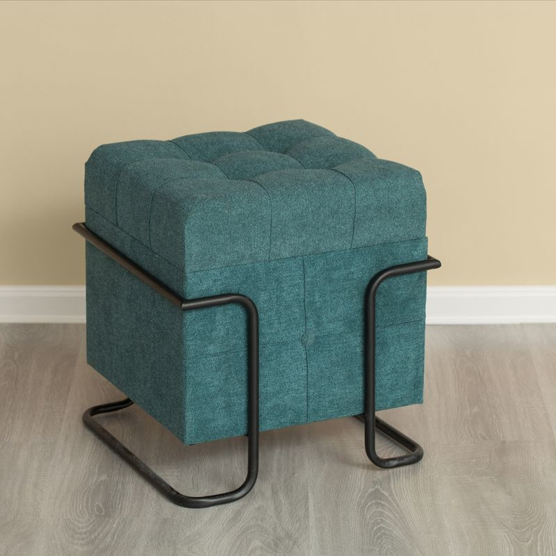 Fabulaxe Square Fabric Storage Ottoman with Black Metal Frame, Blue