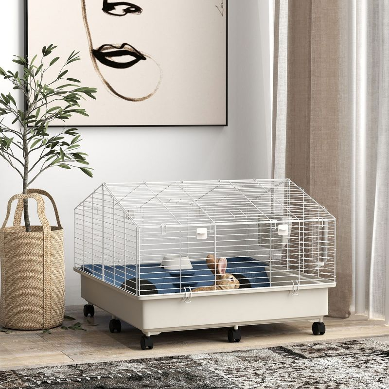 PawHut Small Animal Cage, Rolling Guinea Pig Cage with Water Bottle, Hay Feeder, Food Dish, Ramp, for Rabbits, Hedgehogs, 35" x 35" x 25", White