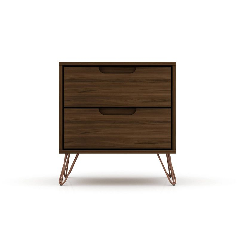 Set of 2 Rockefeller 2 Drawer Nightstands Brown - Manhattan Comfort: Mid-Century Design, Metal Legs, MDF Construction