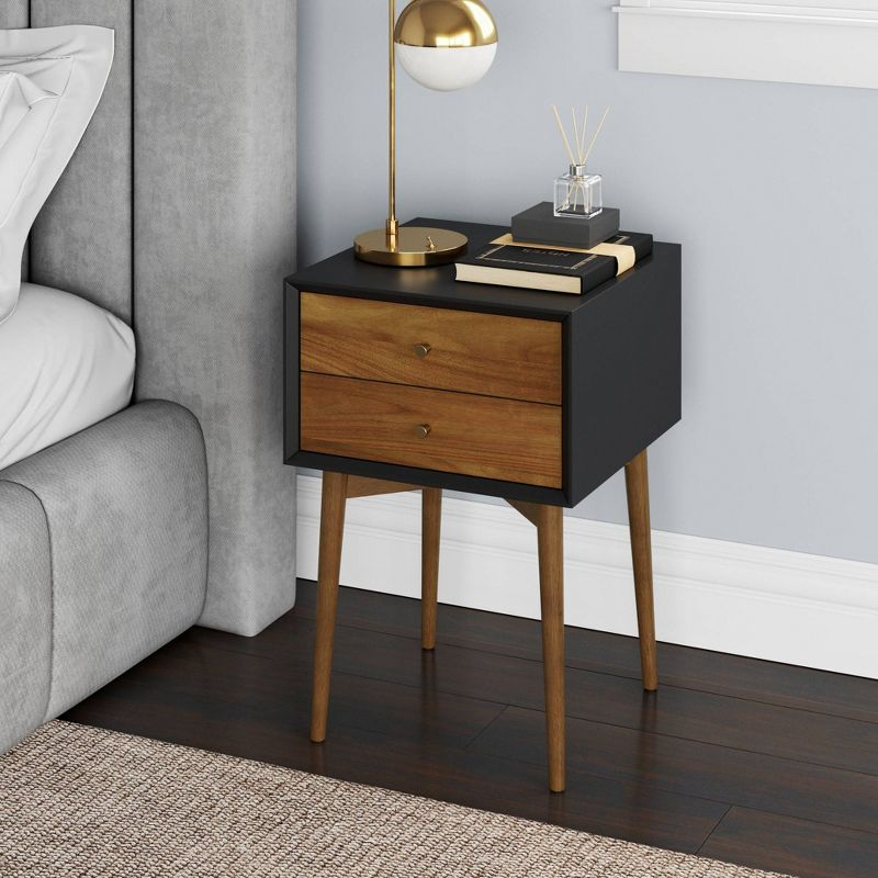 Nathan James Harper Nightstand Acacia Black: Mid-Century Modern with Storage Drawers & Pinewood Legs